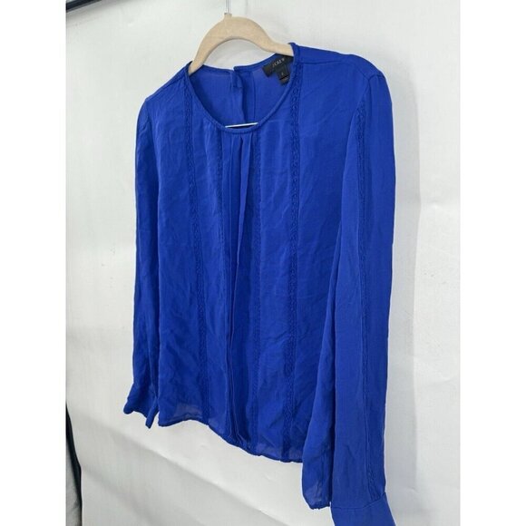 J. Crew 100% Silk Blouse Women 2 Blue Fairy Edwardian Pleated Sheer Embroidered - Picture 6 of 8